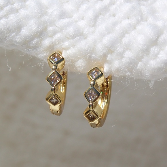 Sterling Silver Gold Huggies with Row of Diamond Shaped Simulated Diamonds - Picture 2 of 10